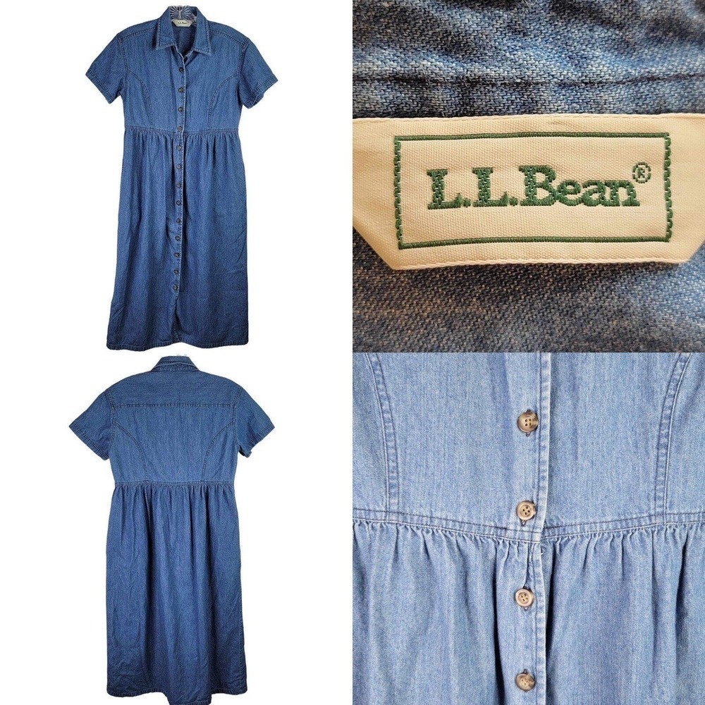 LL Bean Denim Button Front Jean Dress Womens Sz 4 Petite Cottage Blue Collared
